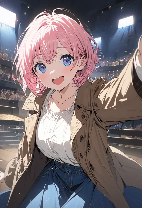 1girl, solo, pink hair, aquatic shining blue Eyes,short hair,She wearing a brown coat,white blouse,Blue denim skirt,She has a joyful smile,theatre,see movie,human focus,on the screen the girl sail on the sea