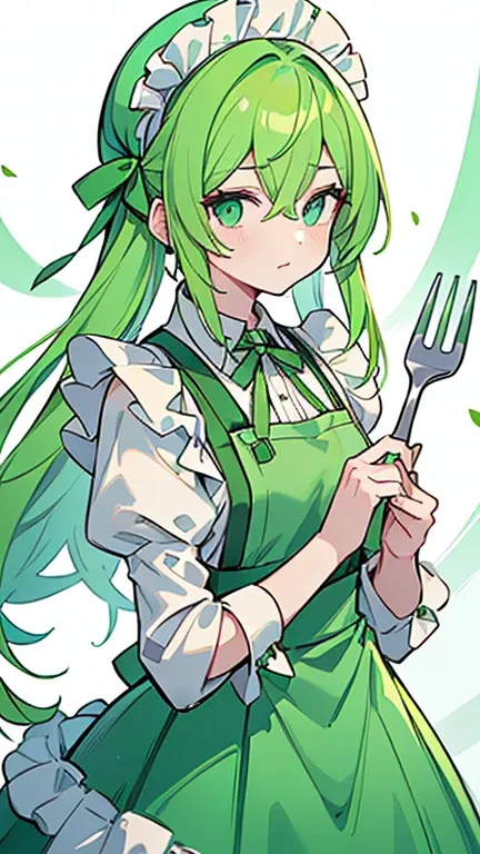 (( A woman with yellow-green two-pronged hair and mint-colored eyes)),(( Im wearing a mint-colored maid suit )),(( Im wearing a mint-colored maid hat )),((Im wearing a red ribbon )), Im holding a fork and a plate , bangs , hair between eyes 