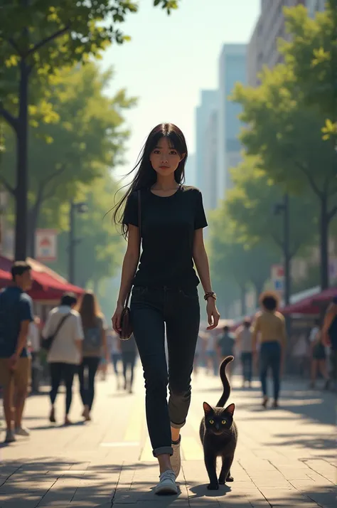 A woman in black casual attire walks with a cat 