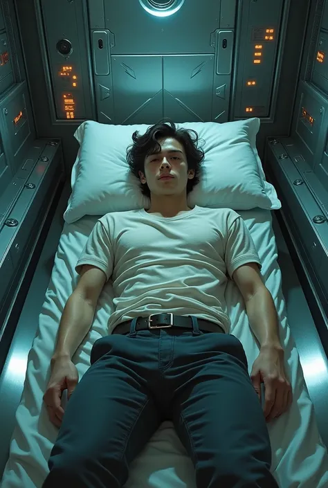 A dark-haired young man who is napped by an alien civilization who likes tickling, lies on an alien technology bed made of metal, and his whole body is restrained by an X character, making him tickled