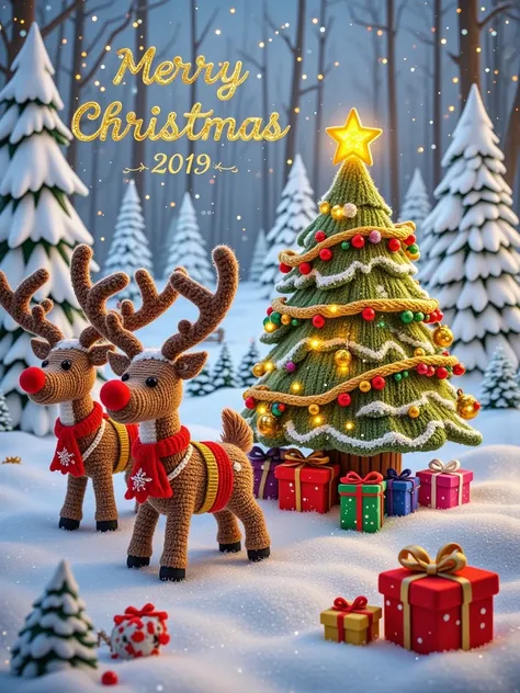 Woolen yarn , hand woven, Micro Landscape，Reindeer partner ， Every pattern is full of holiday season 、 defending this mysterious Christmas world ，Center of screen， The reindeers body is carefully woven with brown wool 。 Its like a winter elf beating cheerf...