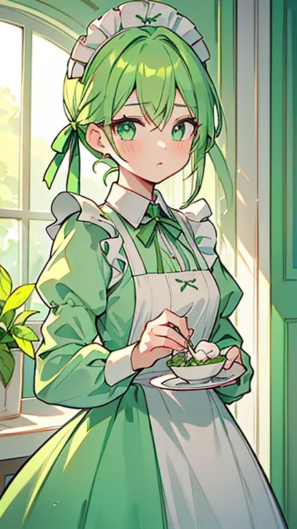 (( A woman with yellow-green two-pronged hair and mint-colored eyes)),(( Im wearing a mint-colored maid suit )),(( Im wearing a mint-colored maid hat )),((Im wearing a red ribbon )), Im holding a fork and a plate , bangs , hair between eyes 