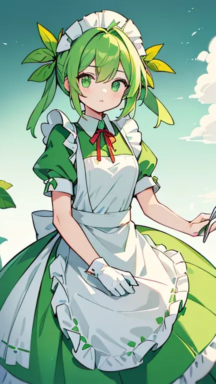 (( A woman with yellow-green two-pronged hair and mint-colored eyes)),(( Im wearing a mint-colored maid suit )),(( Im wearing a mint-colored maid hat )),((Im wearing a red ribbon )), Im holding a fork and a plate , bangs , hair between eyes 