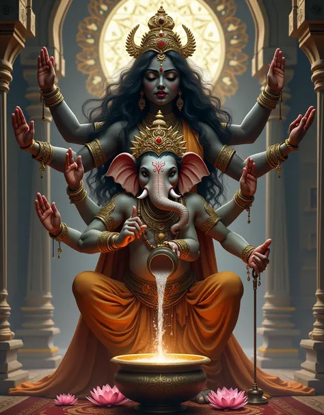 Kali maa ganesh ji ko godh me leke shiv ling me lota se pani dalte huye