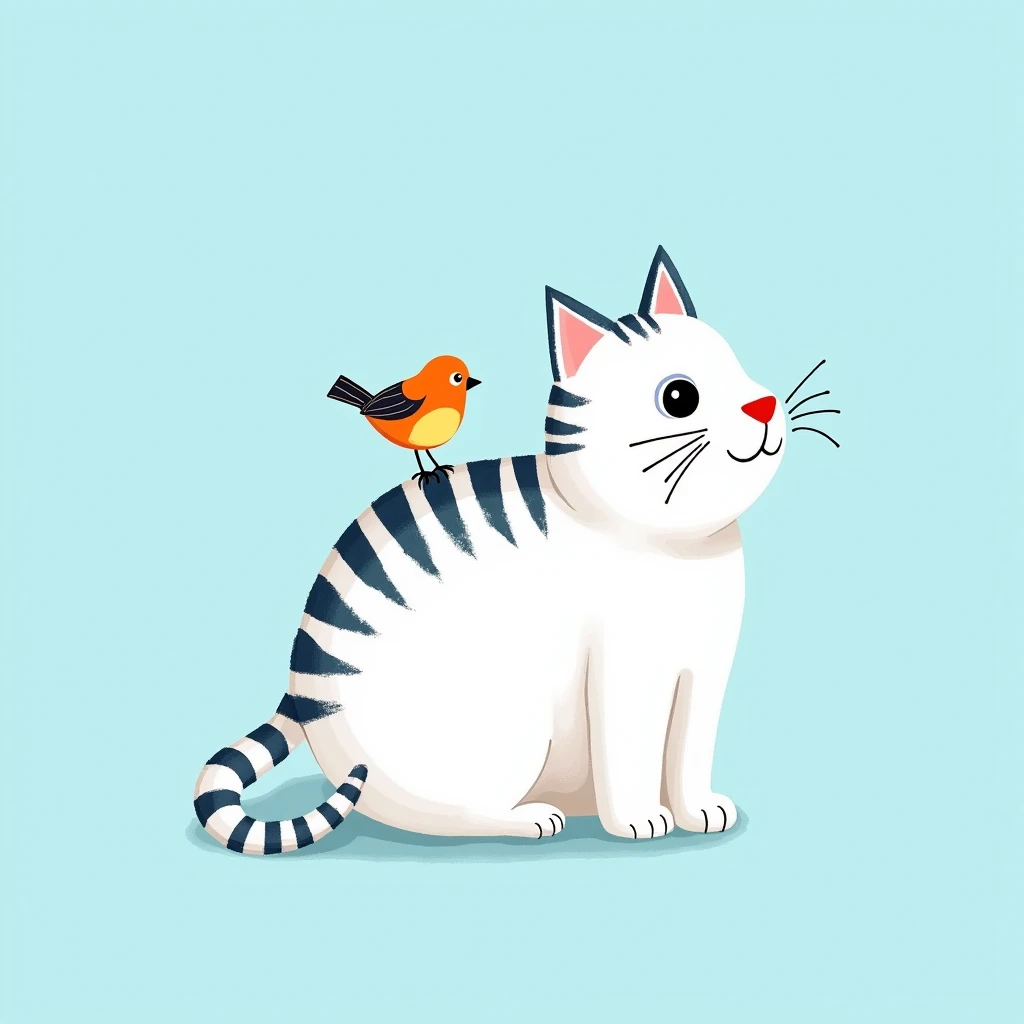 The image is a painting of a cat with a small bird perched on its head. The cat is white with black and blue stripes on its body. The bird is orange and yellow with a black beak and wings. It is facing towards the right side of the image. The background is...