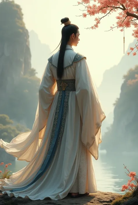 Man wearing ancient Chinese dress, standing facing back