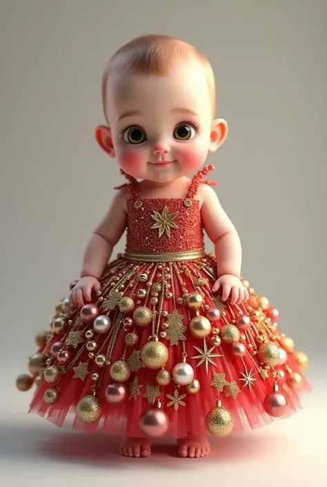  A realistic cute little human baby, wearing a dress covered with Christmas balls literally, The baby is standing , The dress is extremely extravagant  