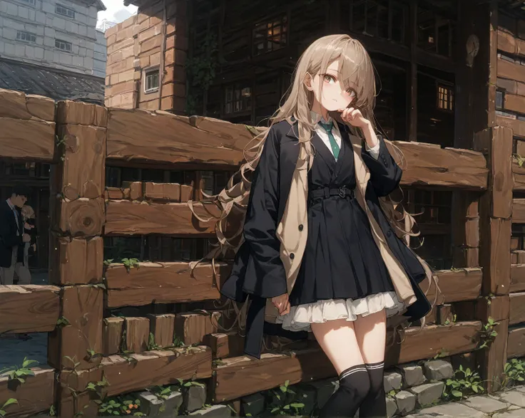 One woman、 leaning against a wooden fence、 light brown hair、 semi-long hair、black blazer coat 、 wearing black high socks 、Brick Building