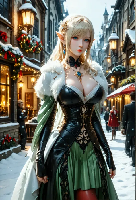 (8k, top quality, Masterpiece , Final Fantasy Style: 1.2),Atmospheric perspective, 8K, Very detailed, Accurate, Highest quality, masterpiece, Very detailed,Sharp focus, High resolution, full body shot of a female elf, Complex, Narrow Face, elegant, Wearing...