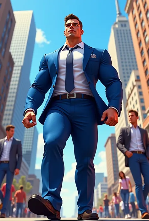  The image is a digital illustration of a muscular man wearing a blue suit and having a muscular physique .  The background shows a city scene with tall buildings. There are also a few people walking down the street and a man sitting on a bench in the fron...