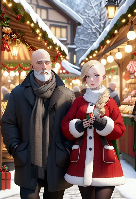 a bald man with long white beard and a gorgeous blond curvy woman, christmas market, couple walking, detailed facial features, detailed clothing, winter scenery, snow, festive atmosphere, warm lighting, holiday market stalls, candies and sweets, (best qual...