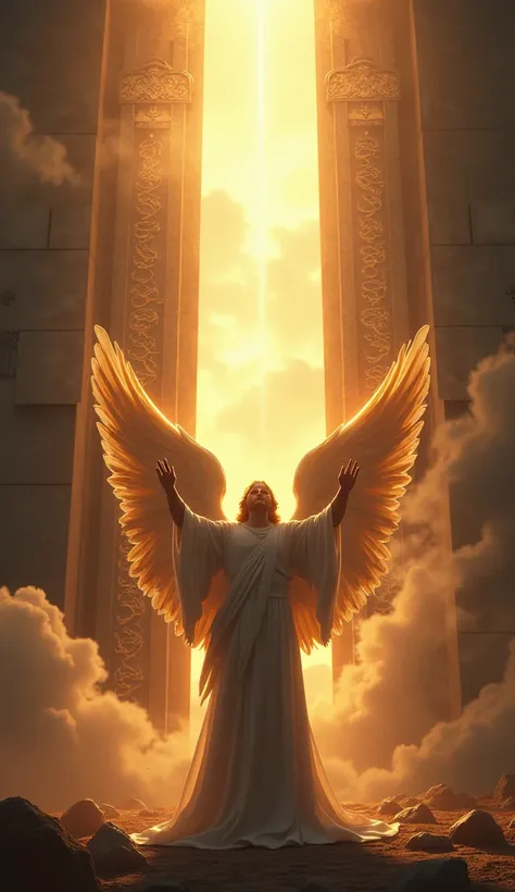 The heavenly angel stood before a sealed gate shining with divine runes, his arms raised towards the sky. The sky is full of rays of light piercing through the dark clouds, and the celestials face is lit up with a victorious expression. The ground shakes a...