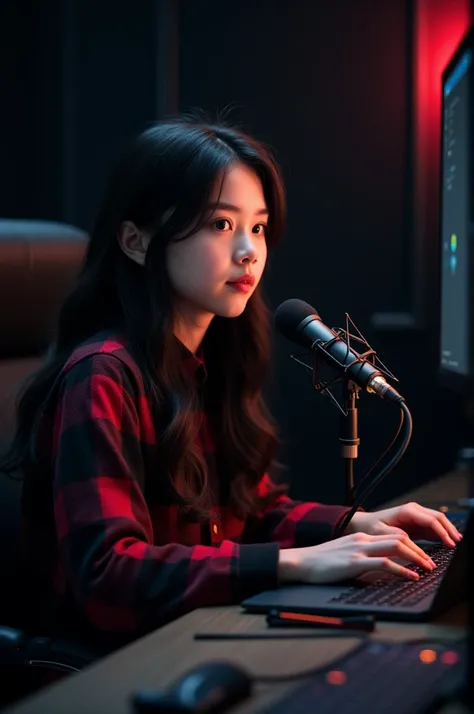 A 17-year-cute girls is sitting in front of a computer desk with a mic and laptop wearing a black and read checked shirt and has black hair and is set against a black themed background