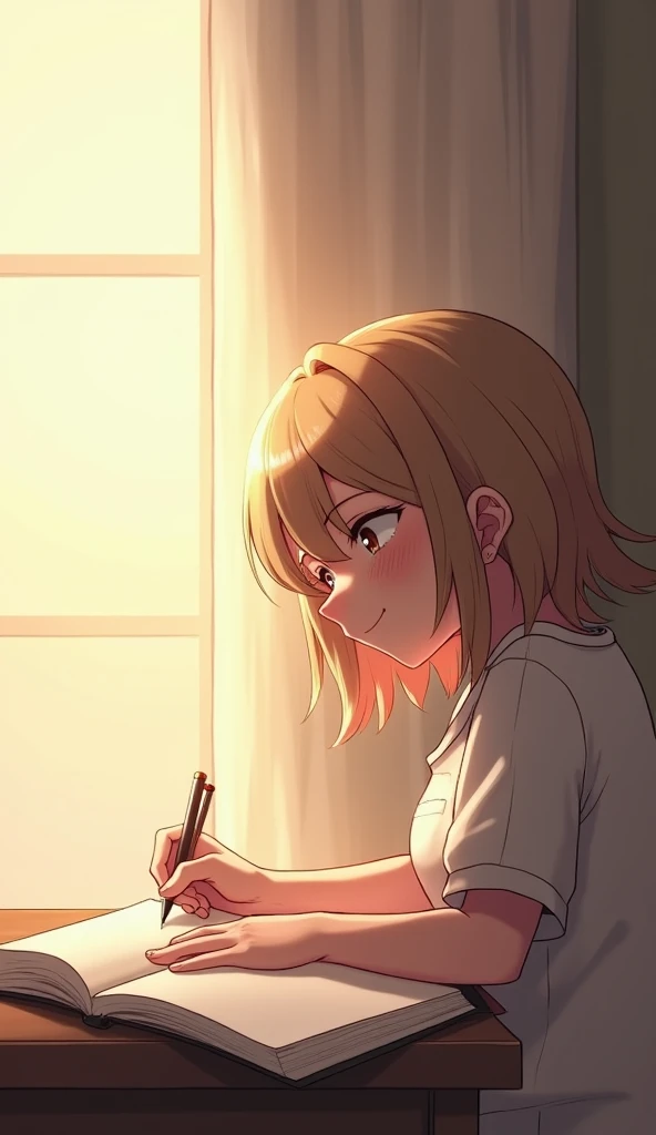 The first character is writing in an open notebook, filling the majority of the frame. Their face is visible with a soft, hopeful smile. The background is a soft gradient of light, symbolizing dawn, but it is subtle and does not distract from the character