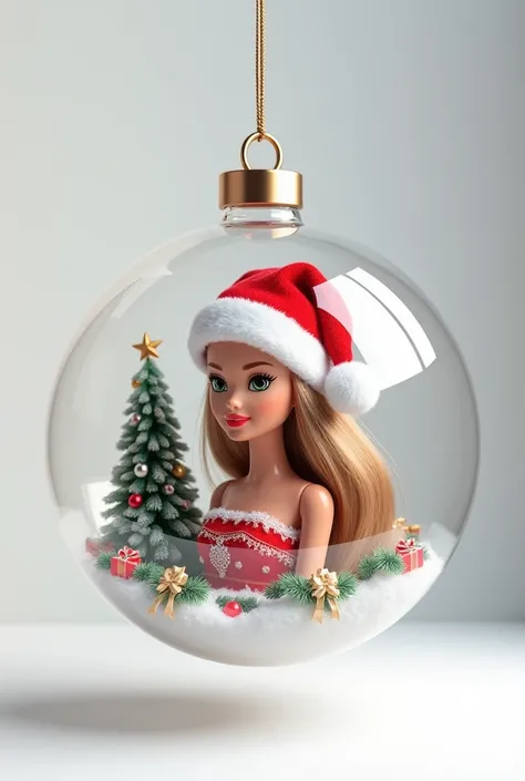 Barbie avec un bonnet de Noël, avec un décor de noël. Dans une boule de Noël  suspendu, fond blanc