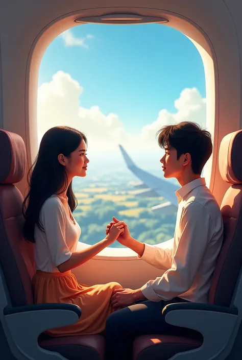 Asian couple hand by hand sitting next to plane window enjoy the view 

