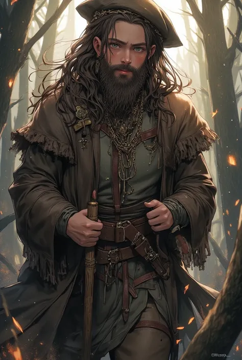 Man, long brown hair, bearded, medieval druid hunter, in the middle of a dense forest at night, hooded, medieval style, realistic, ultra detailed  