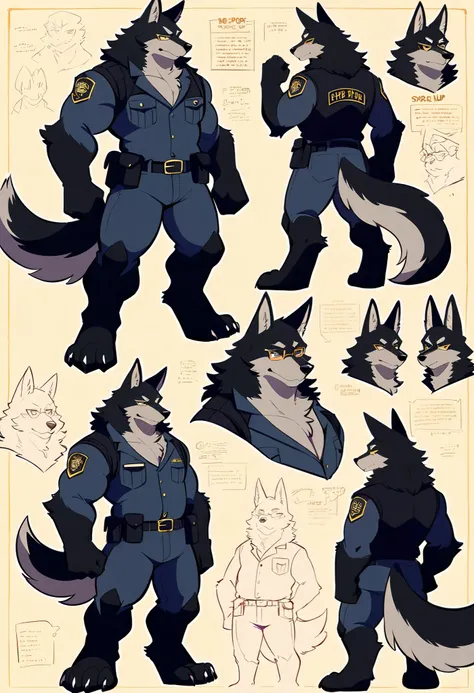 score_9, score_8_up, score_7_up, score_6_up, score_5_up, score_4_up, absurdres, perfect anatomy, standing kemono boy, three view drawing, front and side and back, character sheet, character design police man!!, anime character, glasses, facial expressions,...