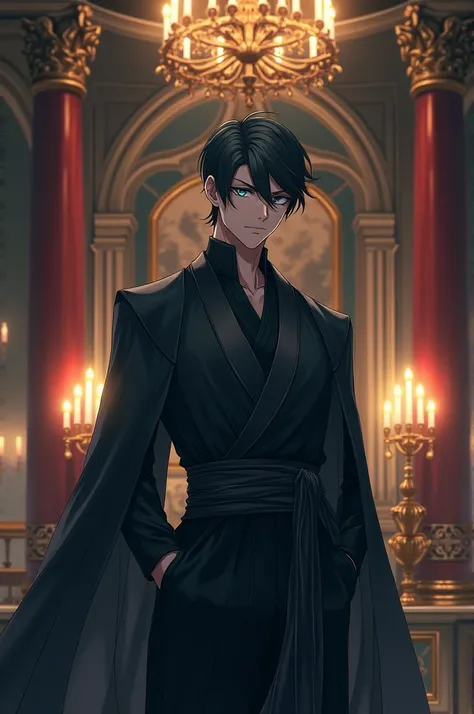 Make a male anime character with dark-gray to black hair, dark-cyan eyes, a slim complexion and dark-gray chinese oriental clothes against a royal victorian-era palace background.