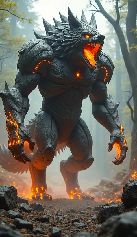  Description of the Fusion :
 A gigantic wolf with body parts made of volcanic stones .  Its torso is covered by basalt plates ,  while its legs appear to be carved from raw granite ,  with shiny veins of golden crystals .  Its eyes shine like lava , and i...