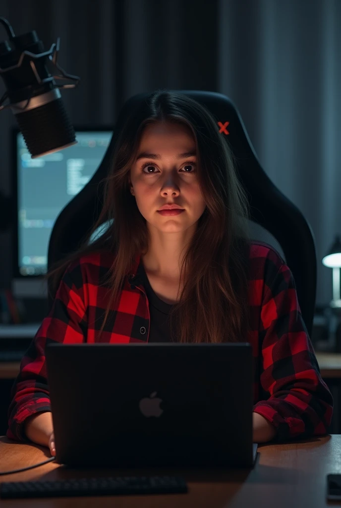 A 17-year-cute girls is sitting in front of a computer desk with a mic and laptop wearing a black and read checked shirt and has black hair and is set against a black themed background