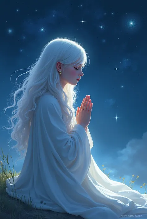  A girl with white hair ，Wearing a white cloak ，Hold your hands together， bowing her head and praying in the starlight