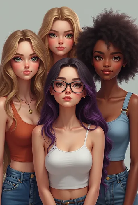  Make 4 girls one with dark blonde and wavy hair , and Hazel eyes , otra con el pelo castaño claro y rizado and Hazel eyes  otra con el pelo castaño oscuro y liso y los ojos marrones y otra con la mitad del pelo morado y la otra mitad blanco ojos marrones ...