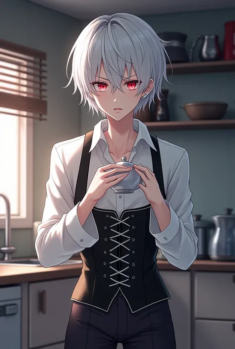 white haired guy with red eyes,  in a white shirt and corset , confused, a white-haired guy with red eyes holds a teapot , kitchen, anime