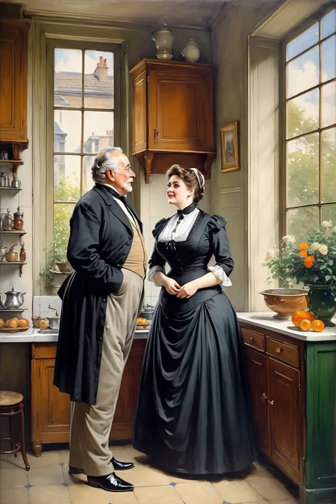 Full body shot of A plump voluptuous buxom  Victorian widow flirting and chatting with an elderly gentleman in front of a window in her kitchen, by Jean Béraud, inspired by Jean Béraud, inspired by Édouard Detaille, edouard leon cortes, inspired by Ivan Kr...