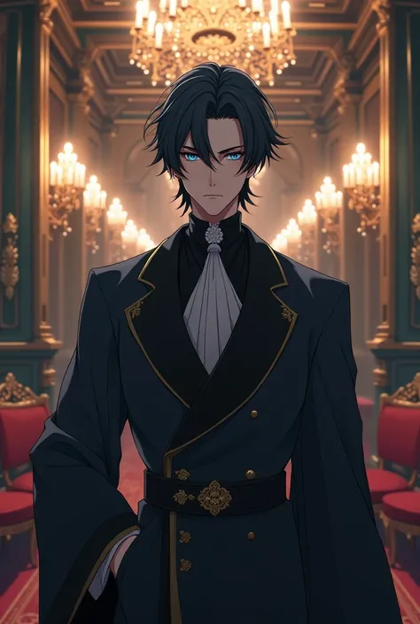 Make a male anime character with dark-gray to black hair, dark-cyan eyes, a slim complexion and dark-gray chinese oriental clothes against a royal victorian-era palace background.