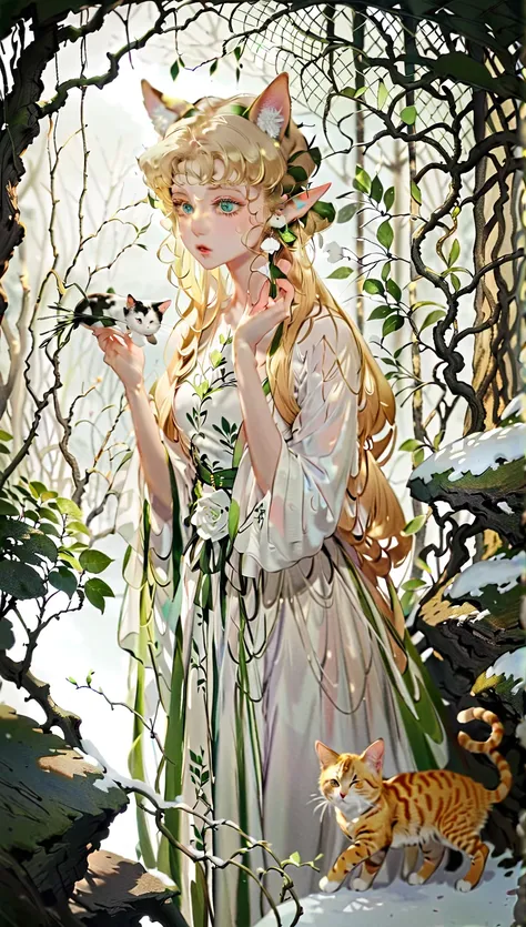 ((masterpiece:1.2)), (( top quality:1.2)),  1 elf woman((頭の上にCat ears, Elf ears long beside it ,  Curly Blonde Hair , ( green eyes:1.2), [Cat ears:1.4])), ( full body, whole body:1.3), (white dress:1.5), ( holding a calico cat ), snowの積もったforestの中で立っている, b...