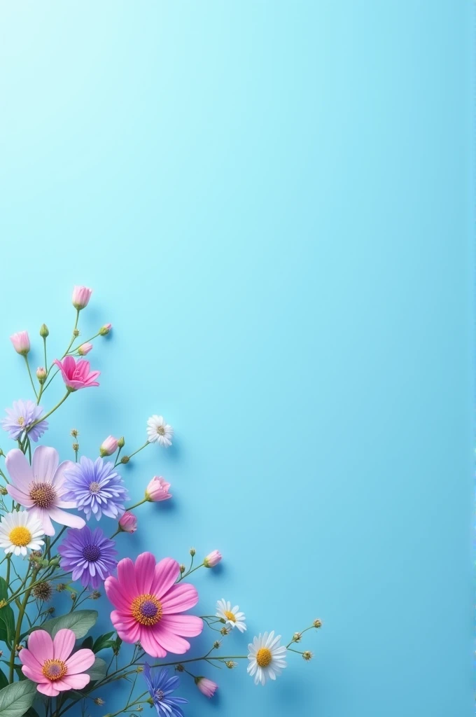 A blue background photo with flowers in corner