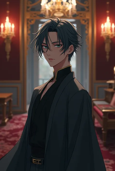 Make a male anime character with dark-gray to black hair, dark-cyan eyes, a slim complexion and dark-gray chinese oriental clothes against a royal victorian-era palace background.