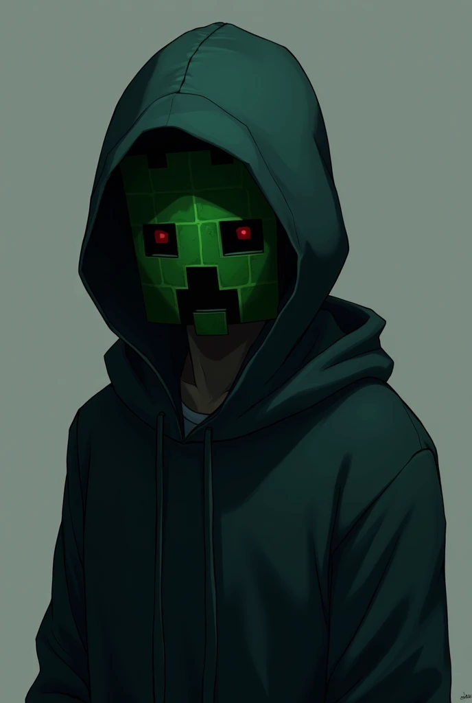 anime boy wearing black hoodie hiding his face with a creeper mask, detailed face 