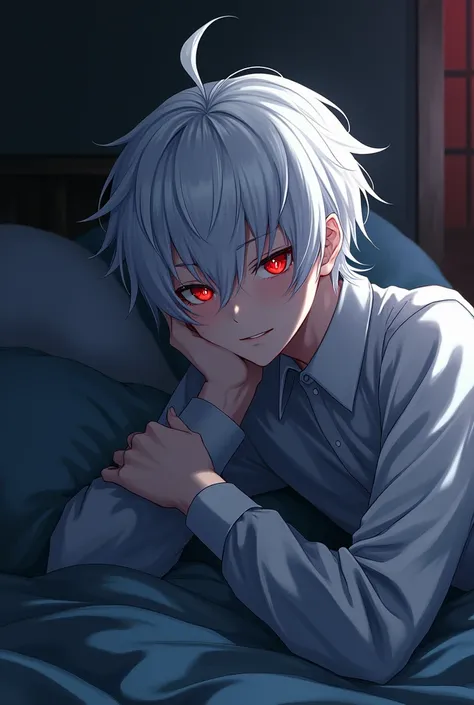 white haired guy with red eyes, smiles, Night,  room,  lies on the bed , anime