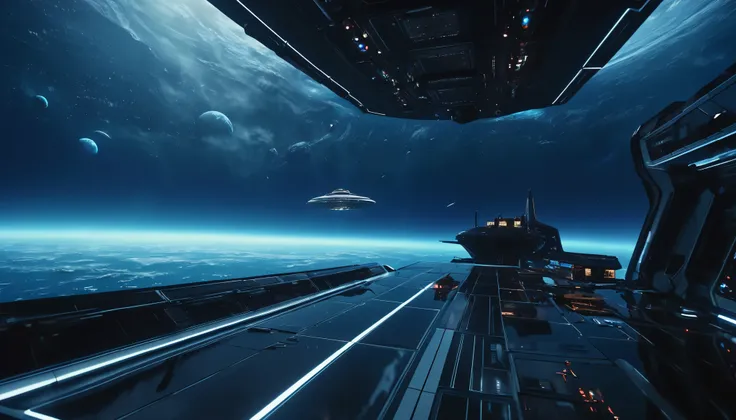 A photo-realistic, ultra-realistic, and cinematic first-person view from inside a spaceship with a sleek, angular design, flying high above the surface of a water-covered planet. The interior of the spaceship is highly detailed, featuring a modern, high-te...