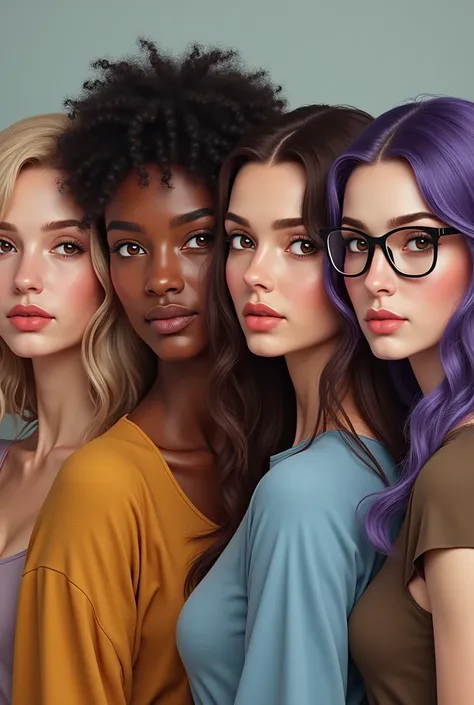  Make 4 girls one with dark blonde and wavy hair , and Hazel eyes , otra con el pelo castaño claro y rizado and Hazel eyes  otra con el pelo castaño oscuro y liso y los ojos marrones y otra con la mitad del pelo morado y la otra mitad blanco ojos marrones ...