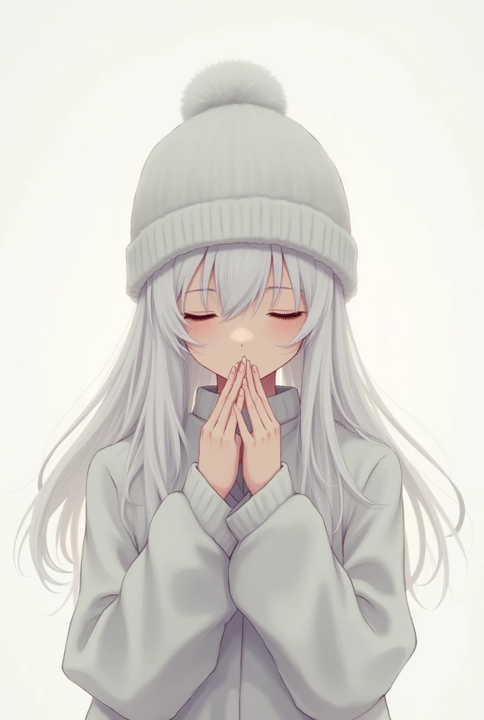  A girl with white hair ，Wear a white beanie，Intersecting gestures， heads down， with eyes closed 