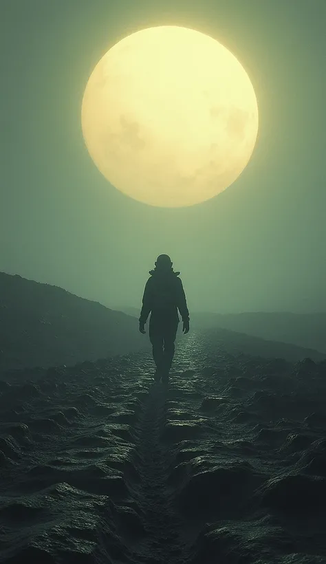 "A person walking on an unfamiliar terrain with the distant light of a planet rising."