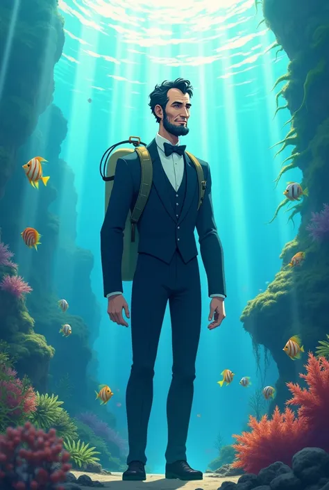 Abraham Lincoln in scuba diving suit full body. Diving underwater. Anime Artstyle 