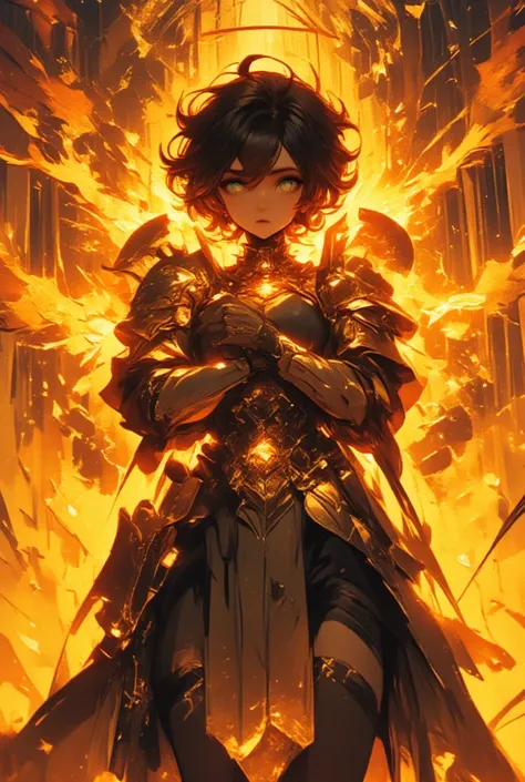 (best quality, masterpiece:1.3), illustration, ((beautiful detailed face)), beautiful detailed skin, intricate details, ultra detailed, (woman ANGEL : armor), SHARINGAN eyes, BLACK AND FIRE hair ESPETADO COM GEL, (worried face:1.2), eye contact, standing i...