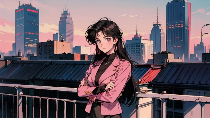  top quality, 8k,  1990s style , 2010s hairstyle , 21 year old girl , (( Im watching here )),  black hair,  long hair,  light brown eyes,  city pop, Building rooftop at night,  cross your arms, Big shoulders, Pink formal suit, pink pencil miniskirt , expen...