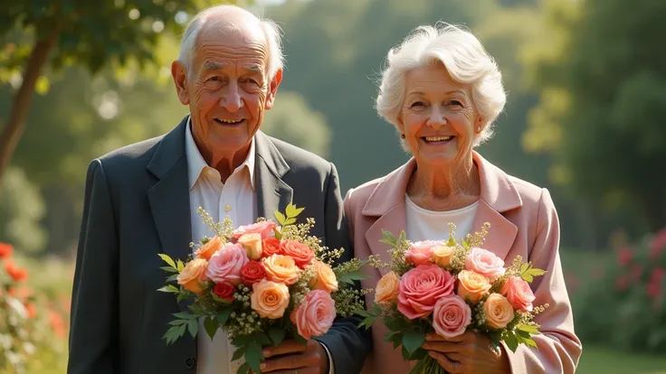 an old man and an old woman are about to marry, coming with holding flowers, hyper-realistic