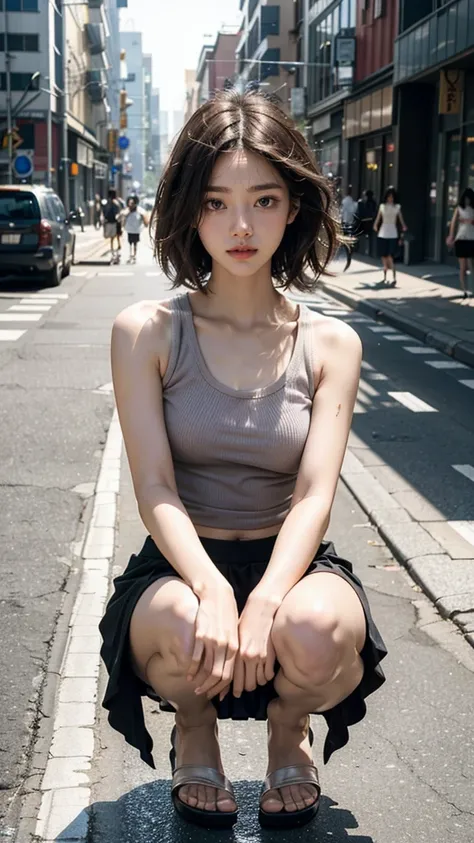  (( 8k up shot , older sister with beautiful skin crouching in a one-piece miniskirt on the street corner  ,22 years old,Squat in a miniskirt:1. 4 Portraits  )), very beautiful and slim 、 beautiful feet、 belly button out,Extremely Delicate Face   , Skin an...