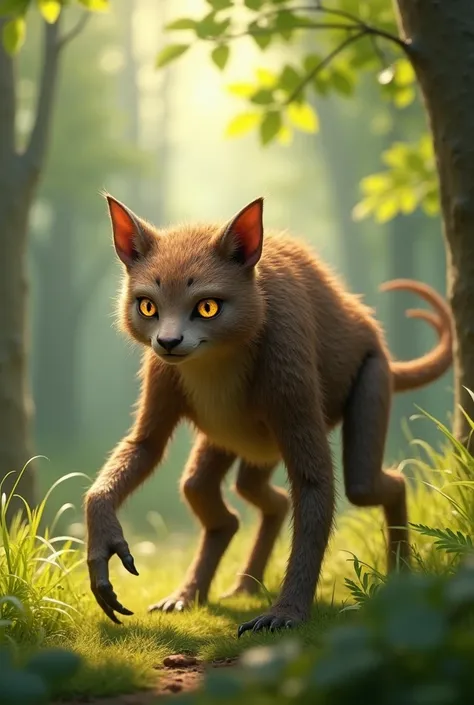 Gentle creature walking on all fours with eight short stubby legs, long, shaggy brown fur, a pointed snout, four claws on each paw, an ovan shaped body and glowing orange eyes, in a sunny forest, side view, grazing on crass