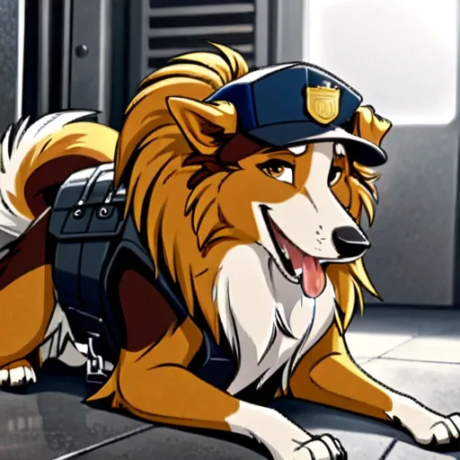 Anthropomorphic furry Long haired rough collie, tactical k-9 armoured vest, black leather collar, chain collar, badge, police baseball cap, drooling saliva, anthro, furry, all fours, very body fur, three tone fur, Looking at viewer, Smile, Open Mouth, Very...