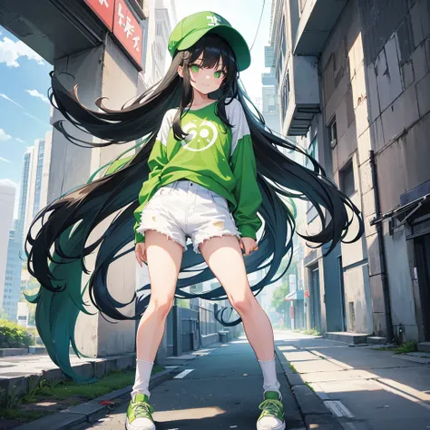 A teenage anime girl ,Standing straight ، with a cute smiling face, green eyes, very long black hair And tidy , and wearing a white shirt. short denim Jeans، Skinny thigh، and green socks with sneakers، Green hip hop hat