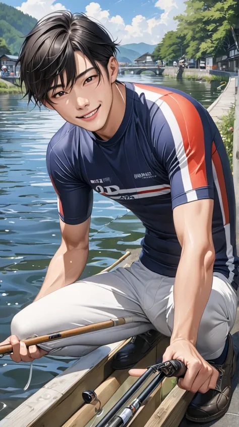 (photorealism:1.2), very Handsome japanese man, 22-27 year-old, tight jersey, fishing, smile, Europe 