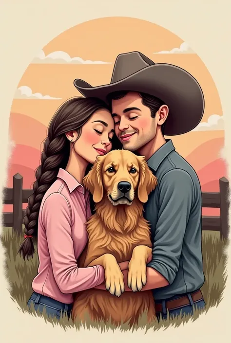 Create a detailed and stylized illustration of a logo for a ranch. The image should feature a couple and a golden retriever as the central elements:

Man: He is on the right and is wearing a gray shirt and a gray and pink cowboy hat. He is on the right wit...