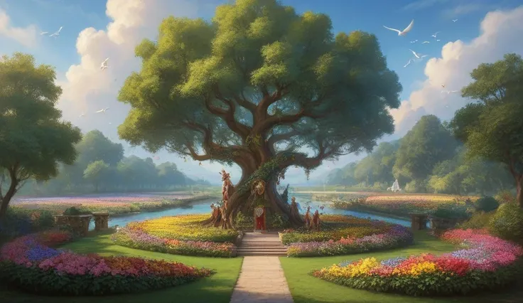 A photorealistic depiction of Adão e Eva standing near the Tree of the Knowledge of Good and Evil in the lush Garden of Eden. The tree stands tall and majestic in the center, with radiant, forbidden fruit glowing faintly among its branches, symbolizing mys...